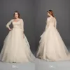 New Vintage A Line Wedding Dresses Cheap Scoop Neck 3/4 Long Sleeves Lace Applique Beads Covered Button Plus Size Sweep Train Bridal Gowns