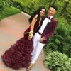 Burgundy Mermaid Prom Dresses 2019 Sweetheart Velvet Fitted Prom Gowns Floor Length Ruffled African Cocktail Party Gowns8784679