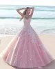 Dubai Arabisk prinsessa 3D blommig blomma rosa en linje bröllopsklänningar 2020 applique tulle scoop sheer nacke ärmlös spets lång brudklänning