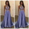 Prom Charming Lavender Dresses Satin Beaded Sequins Two Piece Halter Sweep Train Evening Gown Formal Ocn Wear Custom Made