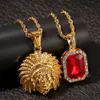 Nouveau chef indien Bling cristal strass pendentif avec rouge rubis pendentif collier ensemble hommes mode Hip Hop bijoux