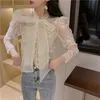 Spring new women's lacing bow collar organza lace floral embroidery perspective long sleeve blouse shirt and inside vest 2 pieces tops