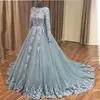 Elegancki szary niebieski długie rękawy suknia wieczorowa kobiety wydarzenie okazja Maxi suknia Custom Made Lace Tulle Prom Dress Vestidos De Festa Aplikacje