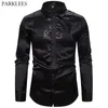 Camisa prateada masculina cetim de seda camisa vestido de vestido liso homens confortáveis ​​smoking camisetas dança de festa de casamento baile de manga longa