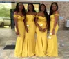 2020 Novo Encantador Amarelo Rendas Dama de Promoção Dos Vestidos Cap Sleeves Sereia Cetim Chão Comprimento Modestal Formal Prom Promprés Promas Vestidos 4643