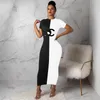 2024 Designerklänningar Sommarkvinnor Kort ärm Black White Paneled One Piece Dress Casual Bodycon Maxi Dresses Sexig Night Club Party Wear Spring Clotle 2780-4