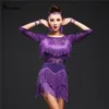 Red Latin Dance Costumes Kobiety Salsa Dancewear Kostium Dresses Konkurencja Ballroom Dresses Tango Dorosłych Fringe Cekiny