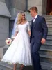 Cheap Vintage Simple Short A Line Wedding Dresses Scoop Neck Half Sleeve Lace Appliques Ankle Length Country Garden Plus Size Bridal Gowns