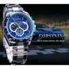 Forsining Watch Bracelet Set Combination Blue Calendar 3 Dials Silver Stainless Steel Automatic Mechanical Watches Men's Cl188G