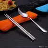 Conjunto de utensílios de mesa de aço inoxidável inoxidável conjunto promocional portátil de duas peças colher chopsticks conjunto com colher de caixa PP / kit de chopsticks DH0410