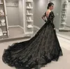 Sukienki z balu czarnego V Nakień Koronkie aplikacje długie rękawy zamiatanie Trupie Tiul