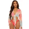 2021 Sexiga tre stycken Bikini Set Bell Sleeve Bikini Cover Up badkläder Kvinnor Swimsuit Print Bathing Suit Beachwear Swimming Suit 210305