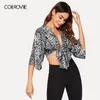 Colrovie Knot Front Snake Skin Print Scollo a V Sexy Kimono Camicetta da donna Camicia Autunno Mezza manica Camicetta da vacanza e top Y19050501