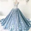 Romantic 3D Flower Prom Dresses Beaded Lace Tulle Ball Gowns High Collar Evening Dress Robe de soiree Formal Party Gowns
