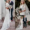 2019 Country Beach Mermaid Wedding Dresses Jewel Illusion Full Lace Appliques Half Sleeves Zipper Back Sweep Train Plus Size Bridal Gowns