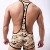 Män camouflage bodysuit bekväm brottning kort jumpsuit suspender stretch boxer shorts manlig sexig underkläder cool singlet leotard