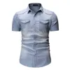 Denim Shirt Men Casual Slim Fit Button Shirt With Pocket Blouse Men Camisa Social Short Sleeve Tops Blouse