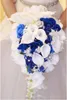 2018 high set white calla lily blue rose hydrangea DIY pearl crystal brooch waterfall wedding bridal bouquet2318