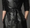 2019 Top Compound Sheepskin Coat Lady Free Wash PU Läder Jacket Lace-up Plus Size Trench Coat Long With Cotton Overcoat