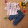 Criança crianças Baby Girl Ruffles roupa listrada 2pcs set meninas bebê Blusa T-shirt Tops Denim Calças Jeans Conjuntos Roupa 1-6Y