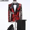 Men's Double Sided Sequins Suits Blazers Pants 2 Pieces Set Fashion Bar Singer Concert Stage Costume Singer Host Nightclub Formal Prom Suits S-3XL Gold Red