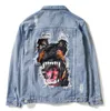 Jeans Jacket Marca Homens Luxo Fino Rasgado Buracos Denim Jaqueta Elegante Do Vintage Bomber Cão Jaqueta de Impressão Casacos Básicos