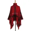 Kvinnor Plaid Cloak Höst Vinter Shawl High Collar Sweater Scarf Batwing Tassels Poncho för flicka Stickad Cape Outwear