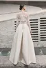 Elegant Beach Wedding Dresses Jumpsuits With Detachable Skirt Satin Sweep Train Sweetheart Country Bridal Gowns With Jacket Long Sleeve
