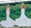 Romantisk Boho Elegant Baklösa Full Lace Bröllopsklänningar V-Neck Sheer Ruched Novia Monterade Mermaid Böhmen Bridal Klänningar med Court Train