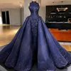 Dubai Arabiska Navy Blue Aftonklänningar med avtagbart tåg High Neck Appliques Sequins Robe de Soiree Long Prom Dress Celebrity Gowns