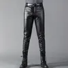 Calça de couro da marca thoshine calça de couro esbelta estilo elástico da primavera Moda de couro pu PU calças de moto calças de streetwear