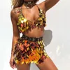 Bling Sequins İki 2 Parça Setleri Halter Metal Zincir Kırpma Tops Chic Mini Etek Yaz Seksi Parti Clubwear Rave Festivali Kıyafetler