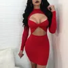 Bodycon Sukienka Mini Summer Sukienki Czarne Czerwone Kobiety O Neck Z Długim Rękawem Hip Hollow Out Wieczór Seksowna Sukienka Dla Lady