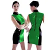 Eye-catching pvc ärmlös klänning patchwork färg bodycon clubwear kvinnor våt look zipper tillbaka vestido sexig hög nacke mini klänning