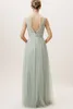 2019 bhldn bruidsmeisje jurken v-hals tule mouwloze vloer lengte munt groene formele gelegenheid jurk goedkope avondjurken