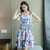 Runway Designer Blue and White Porcelain Dress 2019 Summer Button Sundress Women's Bow Spaghetti Strap Flower Print Mini Dress