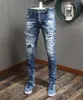 Jean bleu pour hommes, patchs Patchwork, détail de points, élastique, dommage, pantalon en Denim, effet déchiré, Cowboy, 308T