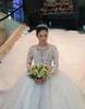 2022 Modern Arabic Muslim Long Sleeves Wedding Dresses Puffy A Line Sheer Jewel Neck Appliques Sequins Beads Long Formal Bridal Gowns BC0895