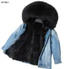 Oftbuy 2019 Vinterjacka Kvinnor Real Fur Coat Parka Real Raccoon Collar Fur Liner Bomber Denim Jacka Streetwear Ins Fashion