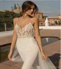 Sexy Beach Mermaid Trouwjurken Spaghetti Strap Tule Kant Applique Backless Lange Bruidsjurk Boho Bruid Jurk Vestidos de Soiree