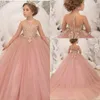 New Pink Flower Girls Dresses For Weddings Vintage Long Sleeve Sheer Neck Tulle Lace Appliques Ball Gown Girls Pageant Gowns