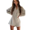 Bomullslinne långärmad lekdräkt Kvinnor Summer Autumn Casual V Neck Solid Color Short Jumpsuit 2022 Fashion Button Romper