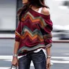Fashion-Plus Size Women One Shoulder Hoodie Sweatshirts Casual Striped Long Sleeves Pullover Tops Autumn Sprint Loose Lady Tops