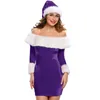 Traje de natal vermelho santa querida adulto feminino veludo fora do ombro manga longa bodycon mini vestido com acabamento peludo branco sem 4595689