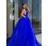 2022 Sexig öppen rygg Prom Dress Puffy Halter Neck Lång Formell Pagant Holidays Wear Graduation Evening Party Gown Custom Gjorda Plus Storlek