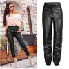 2020 primavera moda faux couro calça mulheres plus size elástico laço de cintura calças nova outono grosso pu calças preta k331