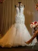 Gorgeous Lace Mermaid Wedding Dresses High Neck Lace Appliques Beads Bridal Gowns Sweep Train Wedding Vestidos