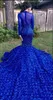 Luxury Long Tail Royal Blue 2019 Black Girls Mermaid Prom Dresses High Neck Long Sleeves Beaded Handmade Flowers Evening Party Gowns
