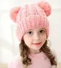 Çocuk Örgü Crochet kasketleri Şapka Kız Yumuşak Çift Toplar Kış Sıcak Hat 12 Renkler Açık Bebek Ponpon Kayak Caps
