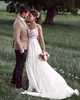 New Cheap Bohemian Beach A Line Wedding Dresses Summer Jewel Neck Illusion Lace Appliques Cap Sleeve Chiffon Sweep Train Formal Bridal Gowns